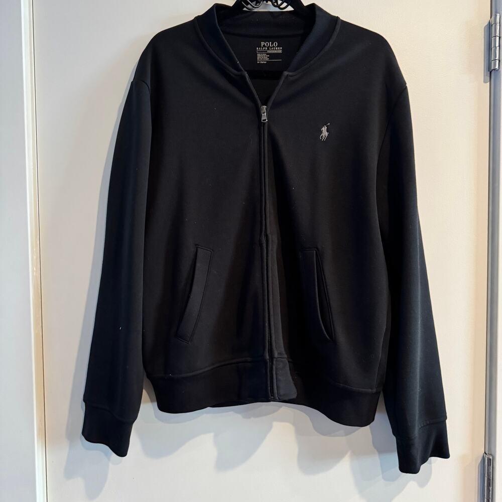 Polo Ralph Lauren Track Jacket Black Front Zip Slant Pocket Long Sleeve Men Sz M